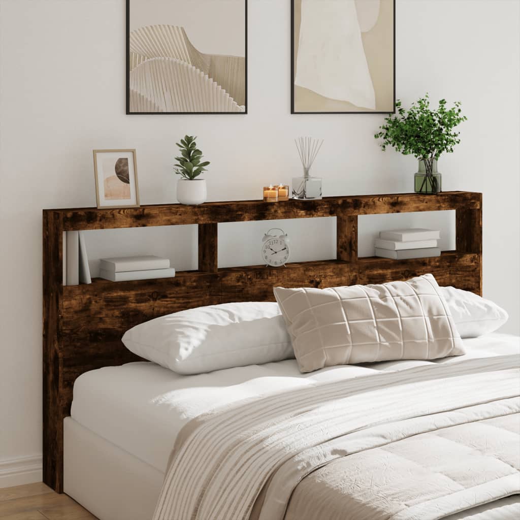 vidaXL Tăblie de pat cu dulap și LED, stejar fumuriu, 200x17x102 cm