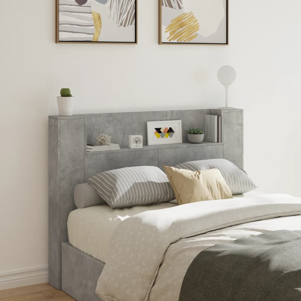 vidaXL Tăblie de pat cu dulap și LED, gri beton, 140x16,5x103,5 cm