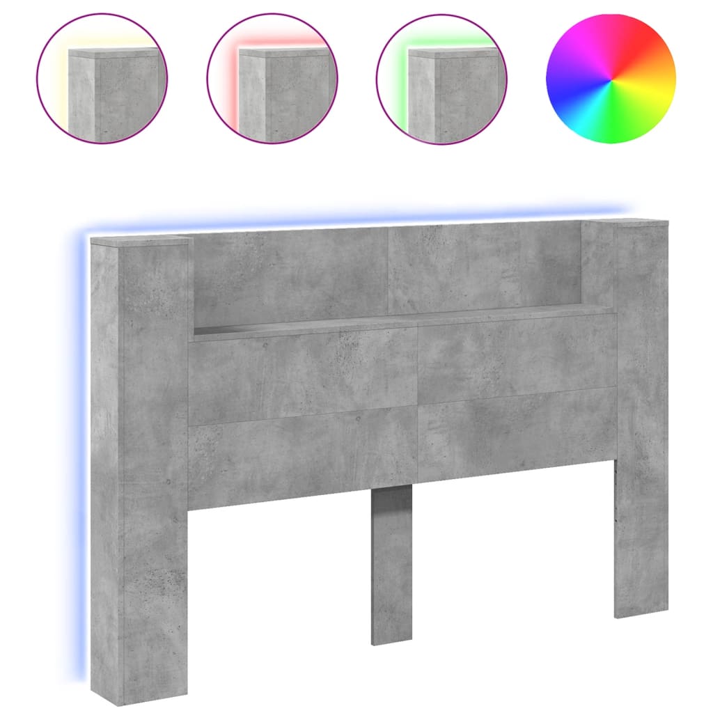 vidaXL Čelo postele úložný prostor LED betonově šedé 160x16,5x103,5 cm