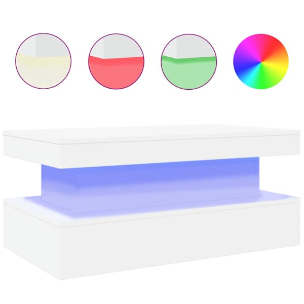 vidaXL LED-tuledega kohvilaud, valge, 90x50x40 cm