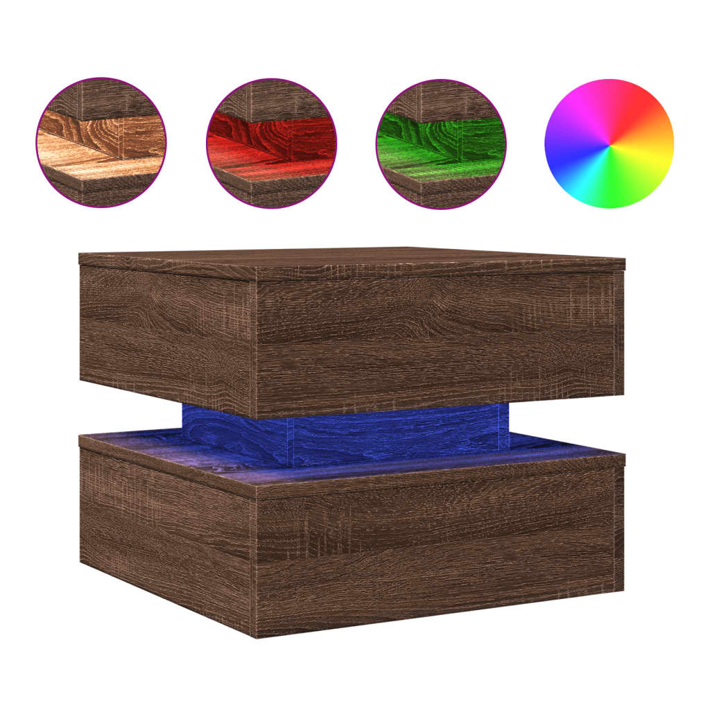 vidaXL Konferenční stolek s LED osvětlením hnědý dub 50 x 50 x 40 cm