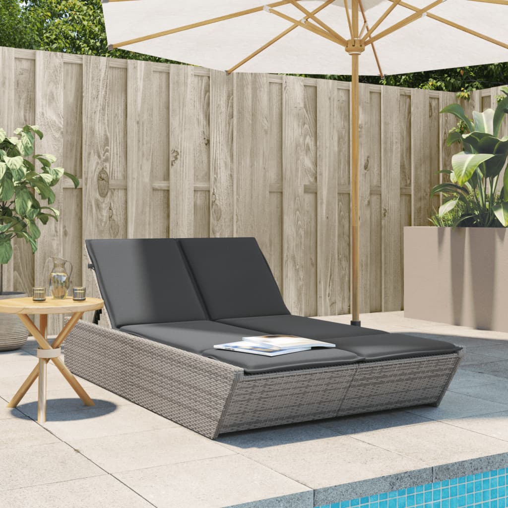 vidaXL Doppel-Sonnenliege mit Kissen Grau Poly Rattan