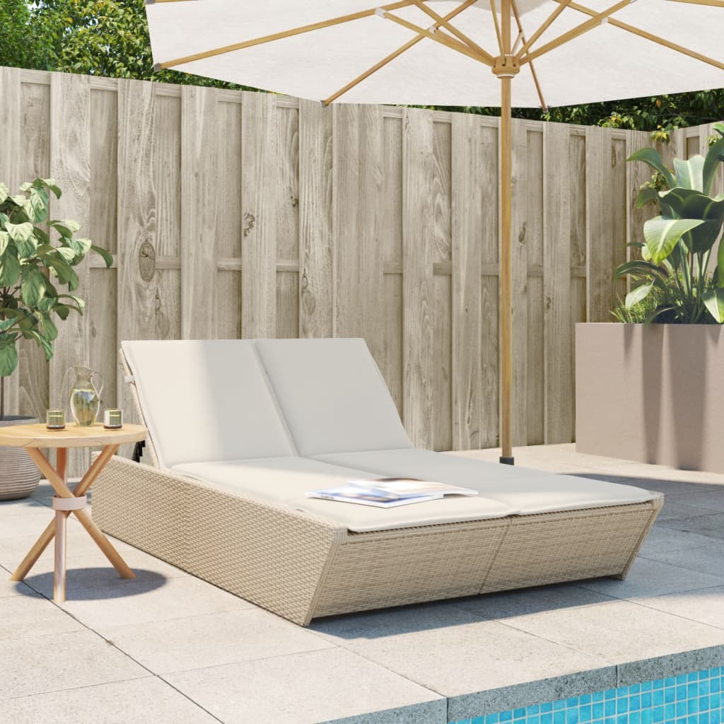 vidaXL Doppel-Sonnenliege mit Auflagen Beige Poly Rattan