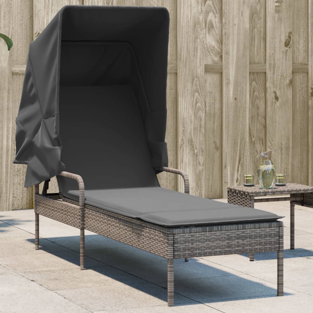 vidaXL Sonnenliege mit Dach Grau Poly Rattan