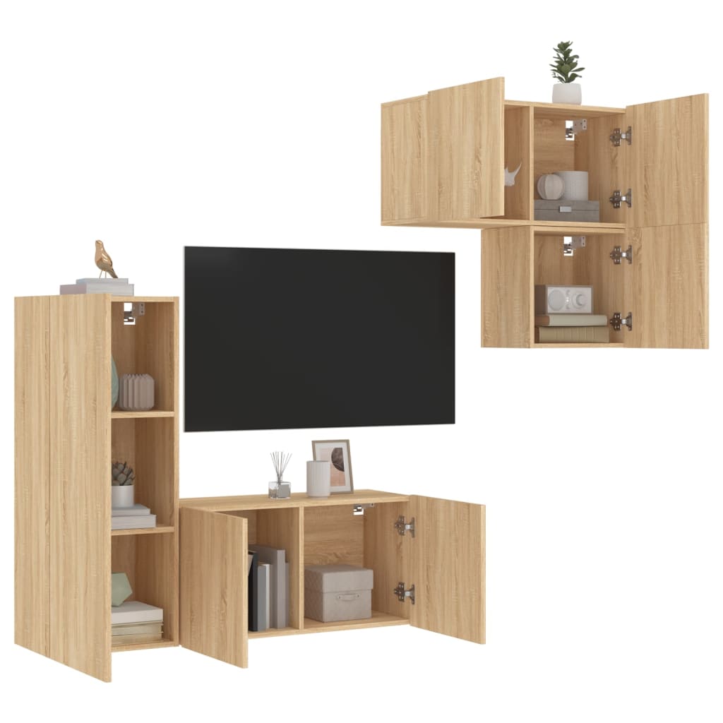 vidaXL tv-møbel til væg 4 dele konstrueret træ sonoma-eg