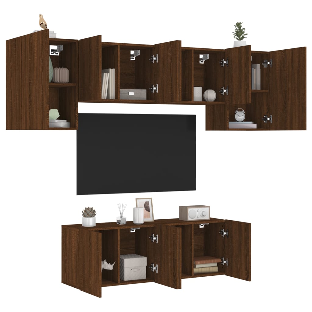 vidaXL tv-møbel til væg 6 dele konstrueret træ brun egetræsfarve