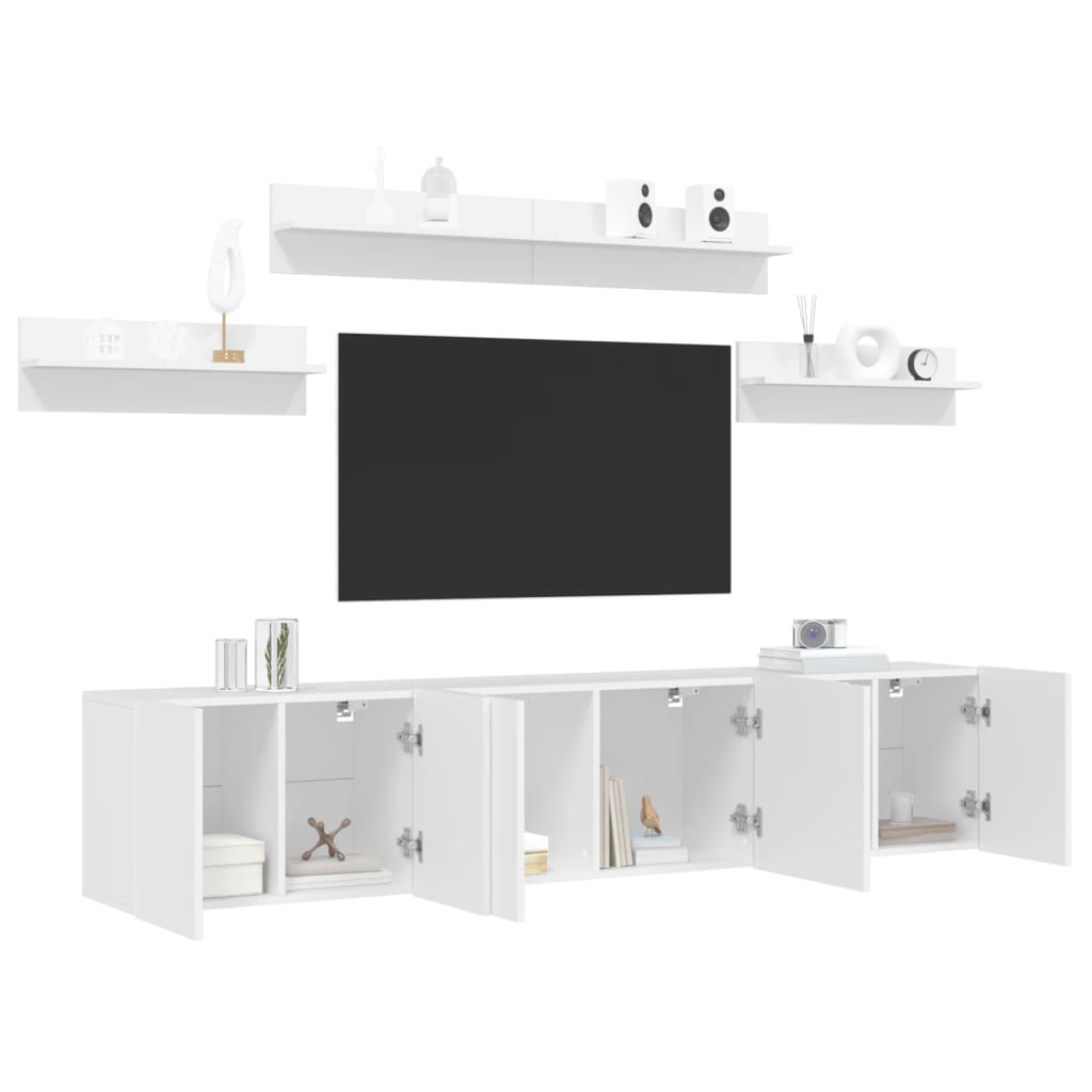 White engineered wood TV wall unit with shelves and cabinets, front view on a white background.