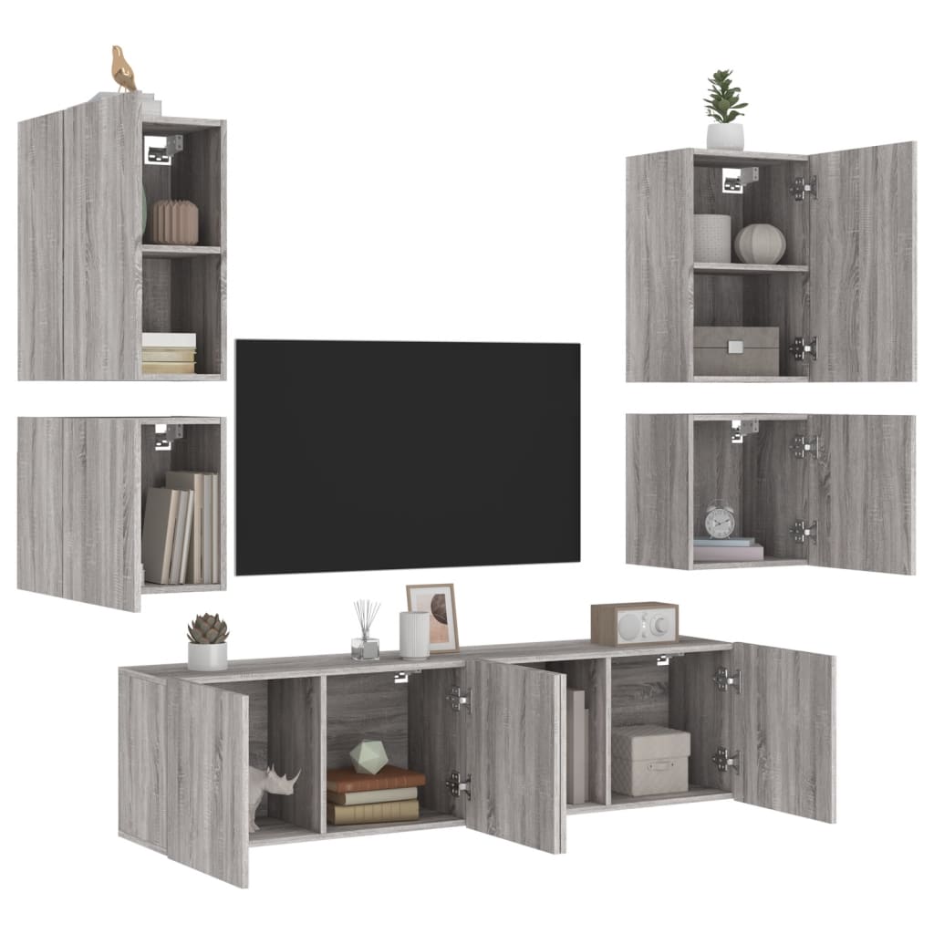vidaXL tv-møbel til væg 6 dele konstrueret træ grå sonoma-eg