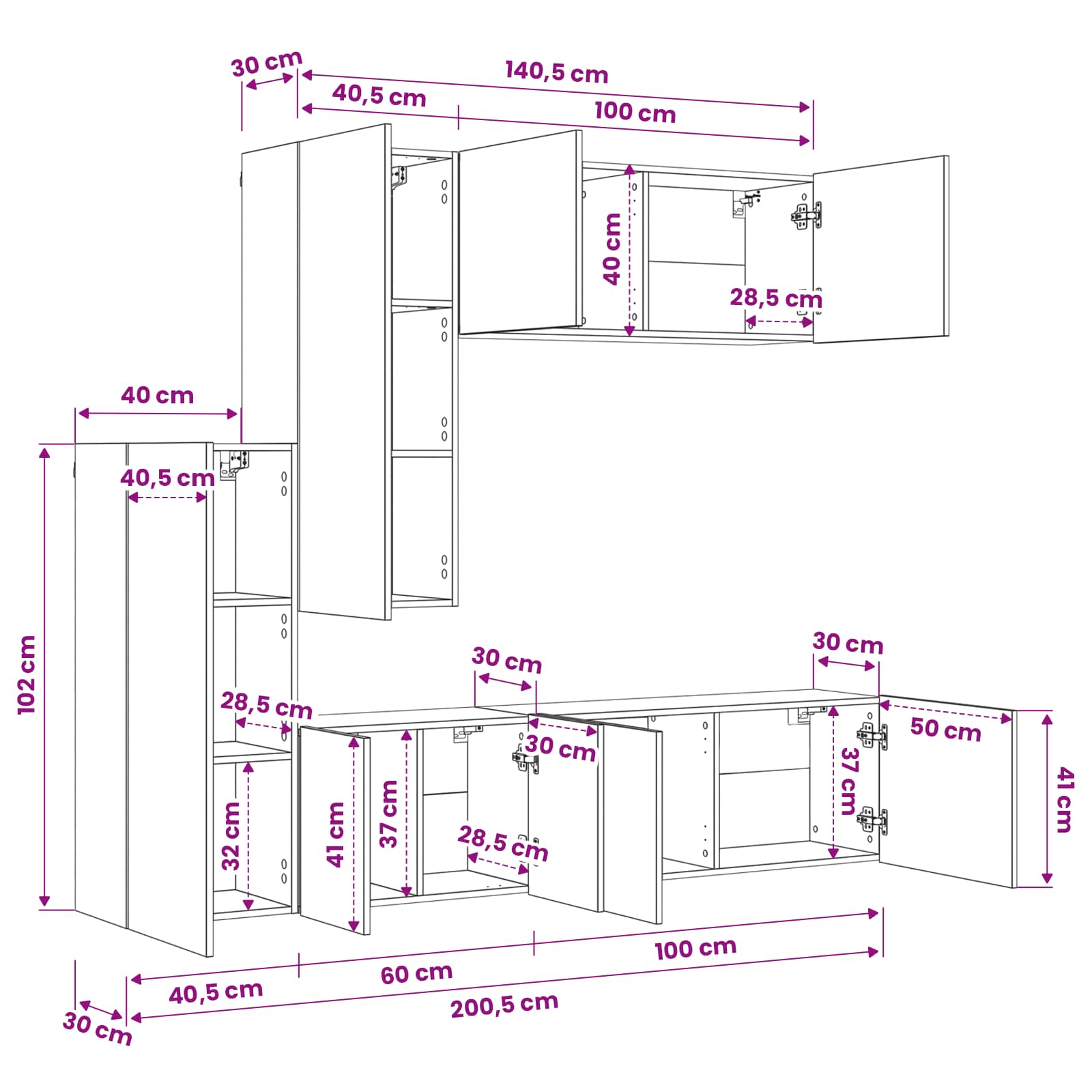 5 Piece TV Wall Units size guide