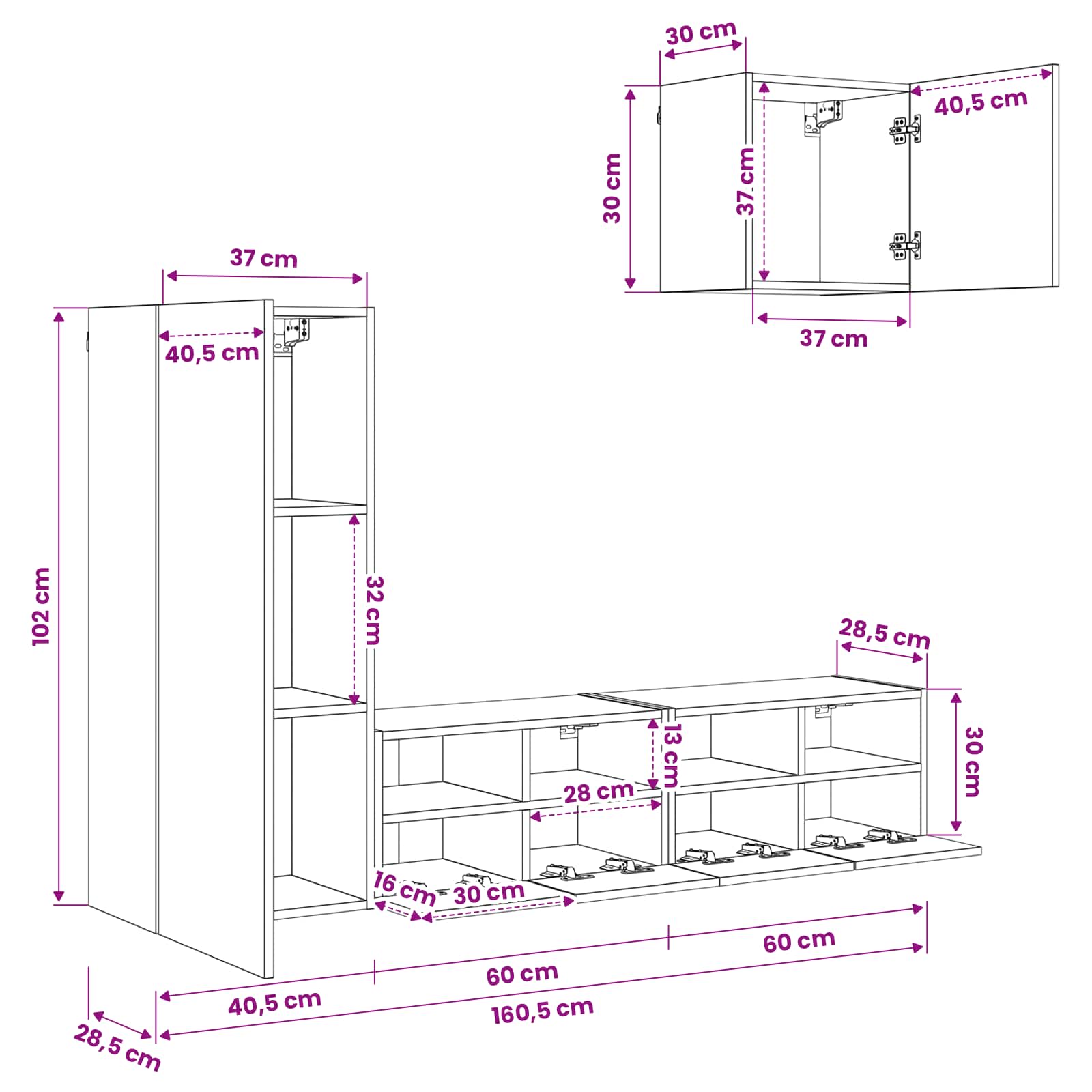 4 Piece TV Wall Units size guide