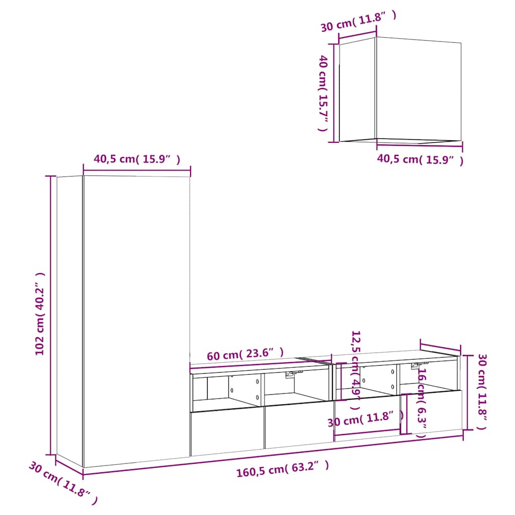 4-Piece tv cabinet set, gray oak, engineered wood