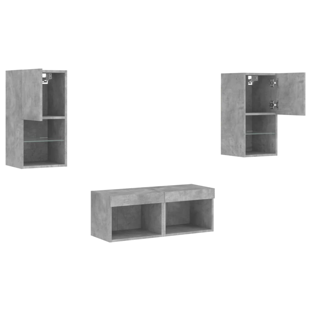 Comode TV de perete cu lumini LED, 4 piese, gri beton