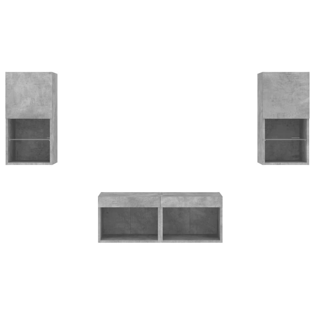 Comode TV de perete cu lumini LED, 4 piese, gri beton