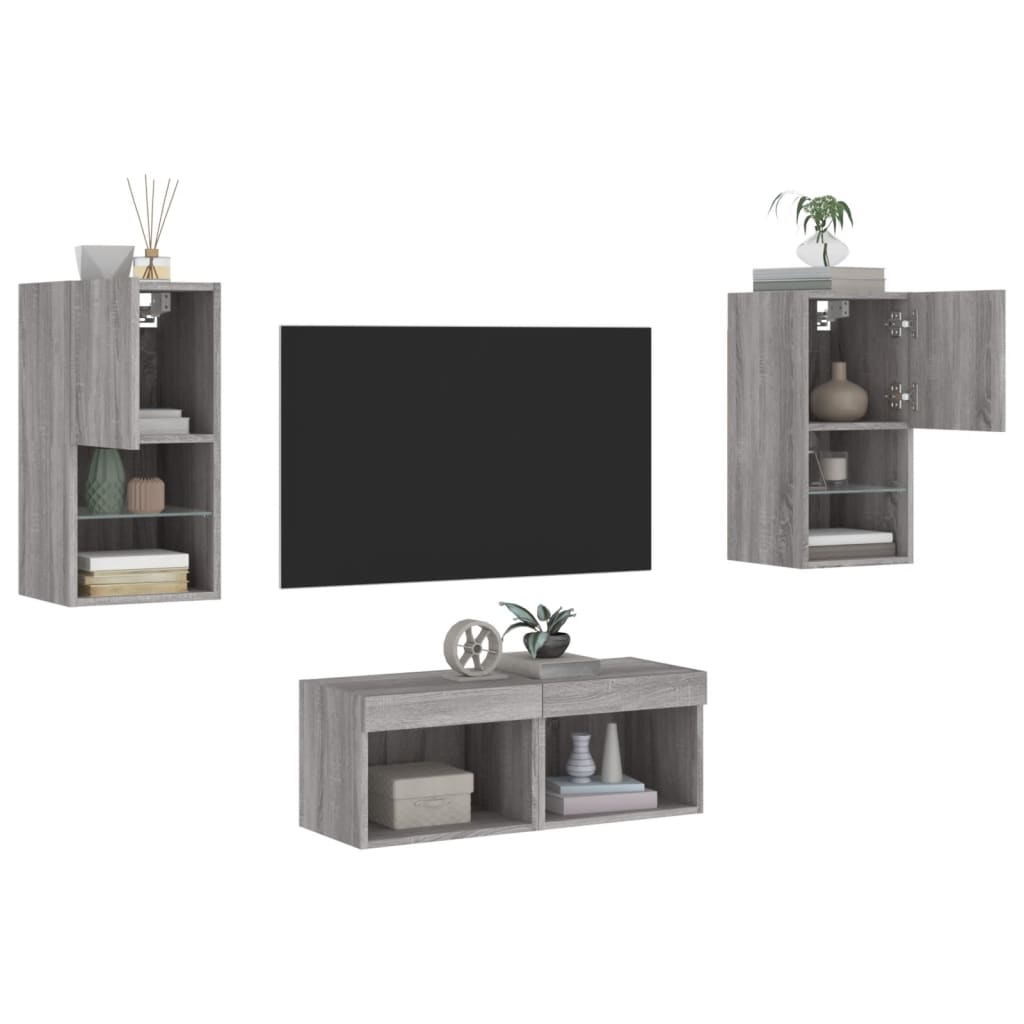 vidaXL tv-møbel til væg LED-lys 4 dele grå sonoma-eg