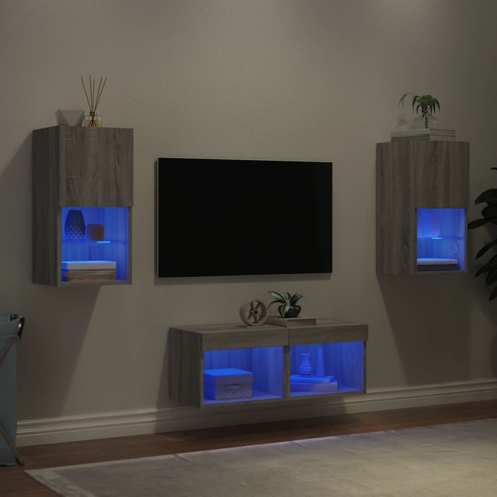 vidaXL Comode TV de perete cu lumini LED, 4 piese, gri sonoma