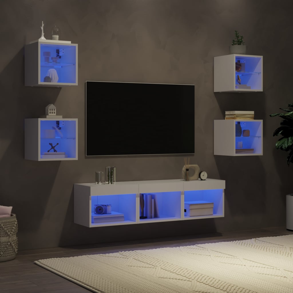 vidaXL Unități de perete TV cu LED-uri, 7 piese, alb, lemn prelucrat