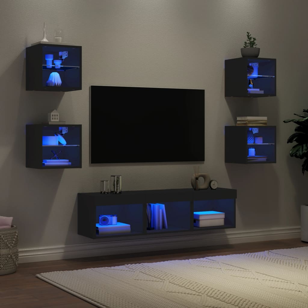 vidaXL tv-møbel til væg 7 dele med LED-lys konstrueret træ sort