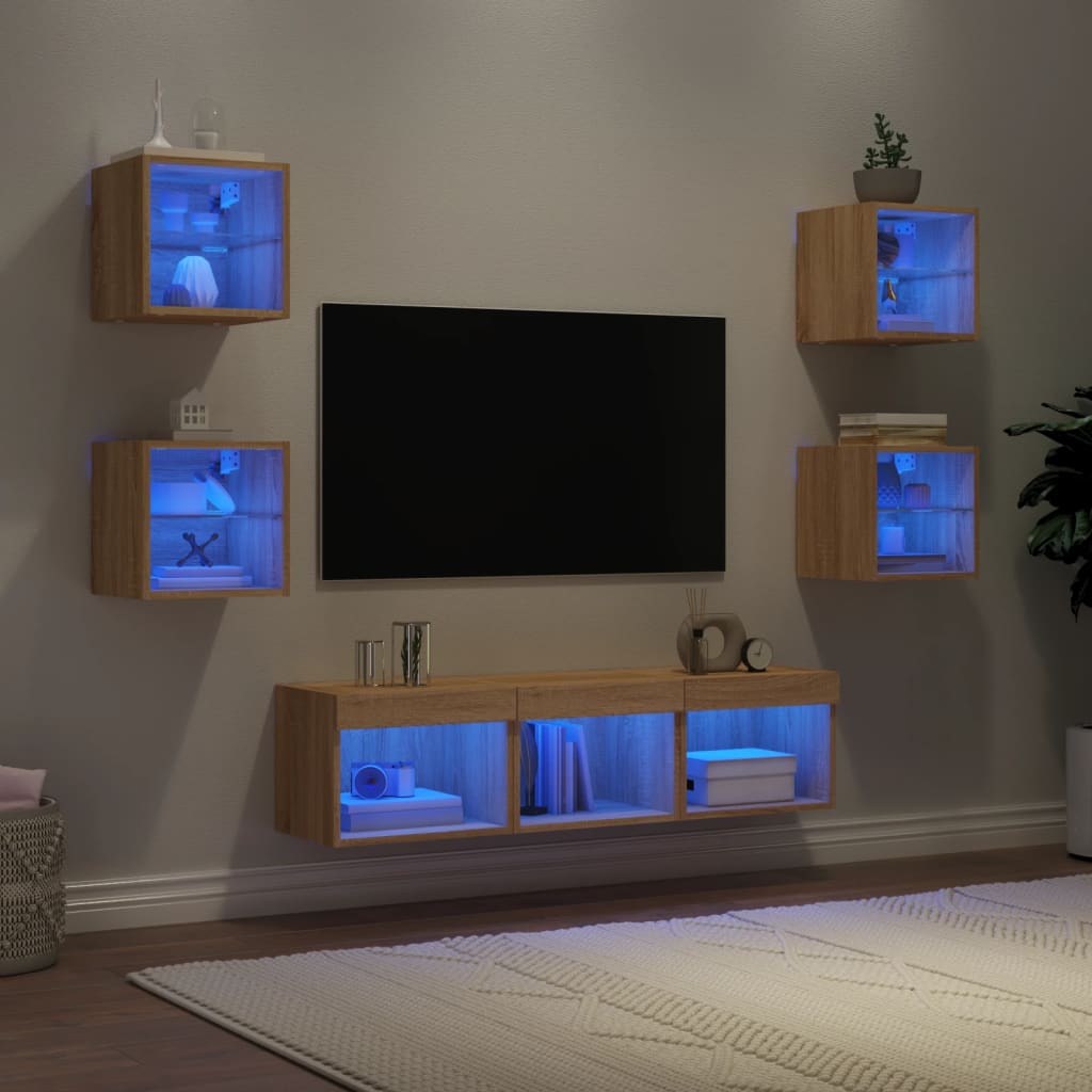 7dílná obývací stěna s LED dub sonoma kompozitní dřevo