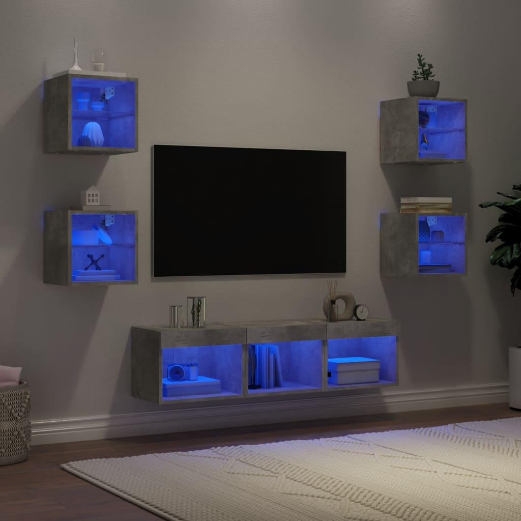 vidaXL Unități TV de perete cu LED-uri 7 piese gri beton lemn compozit