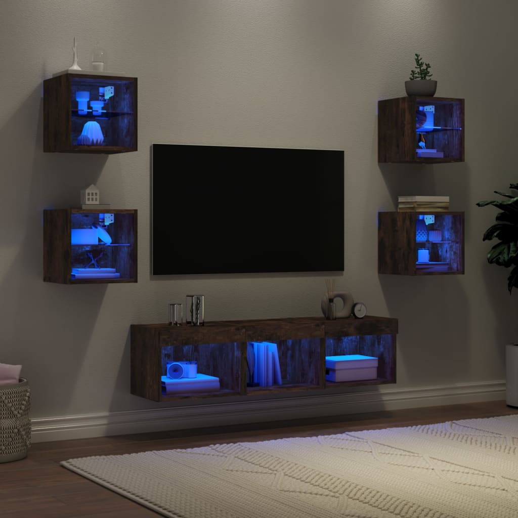 vidaXL Unități de perete TV cu LED-uri, 7 piese, stejar fumuriu, lemn