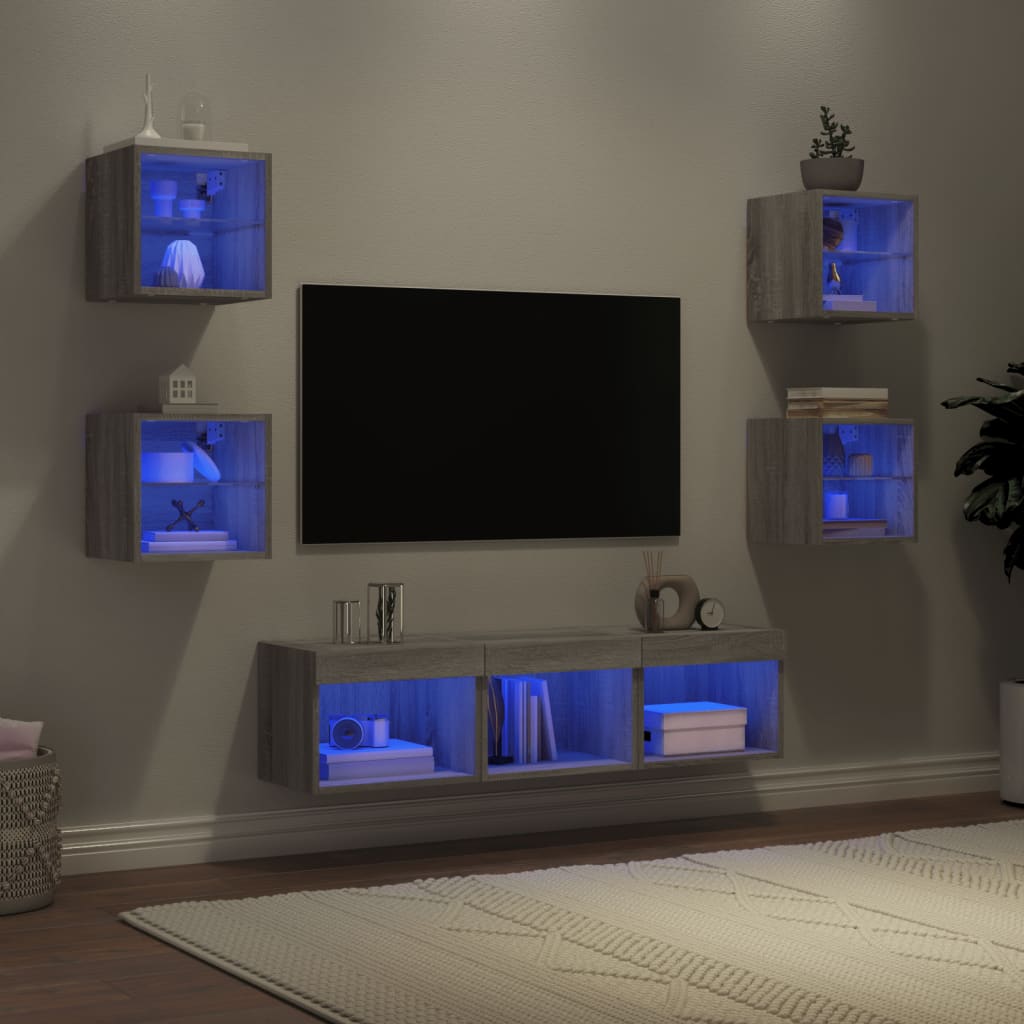 vidaXL Unități de perete TV cu LED-uri, 7 piese, gri sonoma, lemn