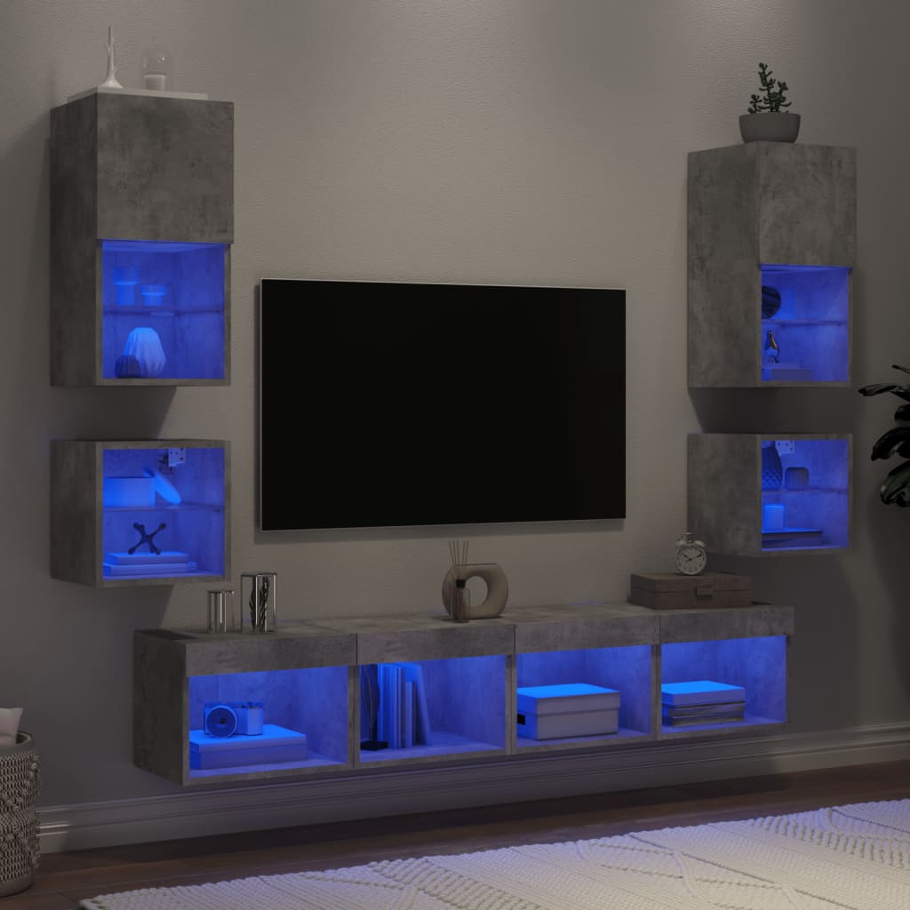 vidaXL Unități TV de perete cu LED-uri 8 piese gri beton lemn compozit