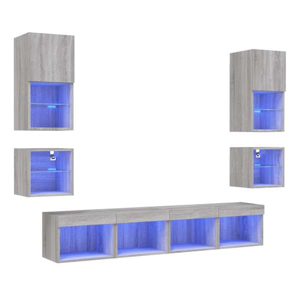 vidaXL 8-osaline telerikappide komplekt LED-tuledega, hall Sonoma tamm