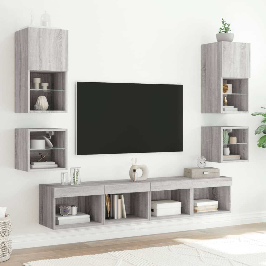 vidaXL 8-delige Tv-wandmeubelset met LED bewerkt hout grijs sonoma