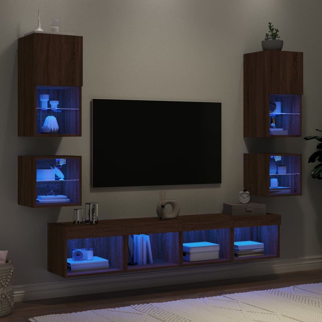 vidaXL Unități de perete TV cu LED-uri, 8 piese, stejar maro, lemn