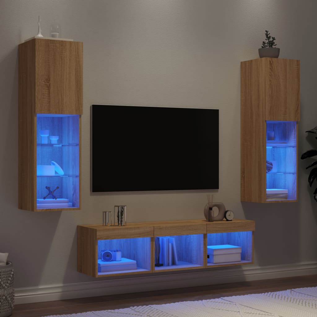 vidaXL Unități de perete TV cu LED-uri, 5 piese, stejar sonoma, lemn