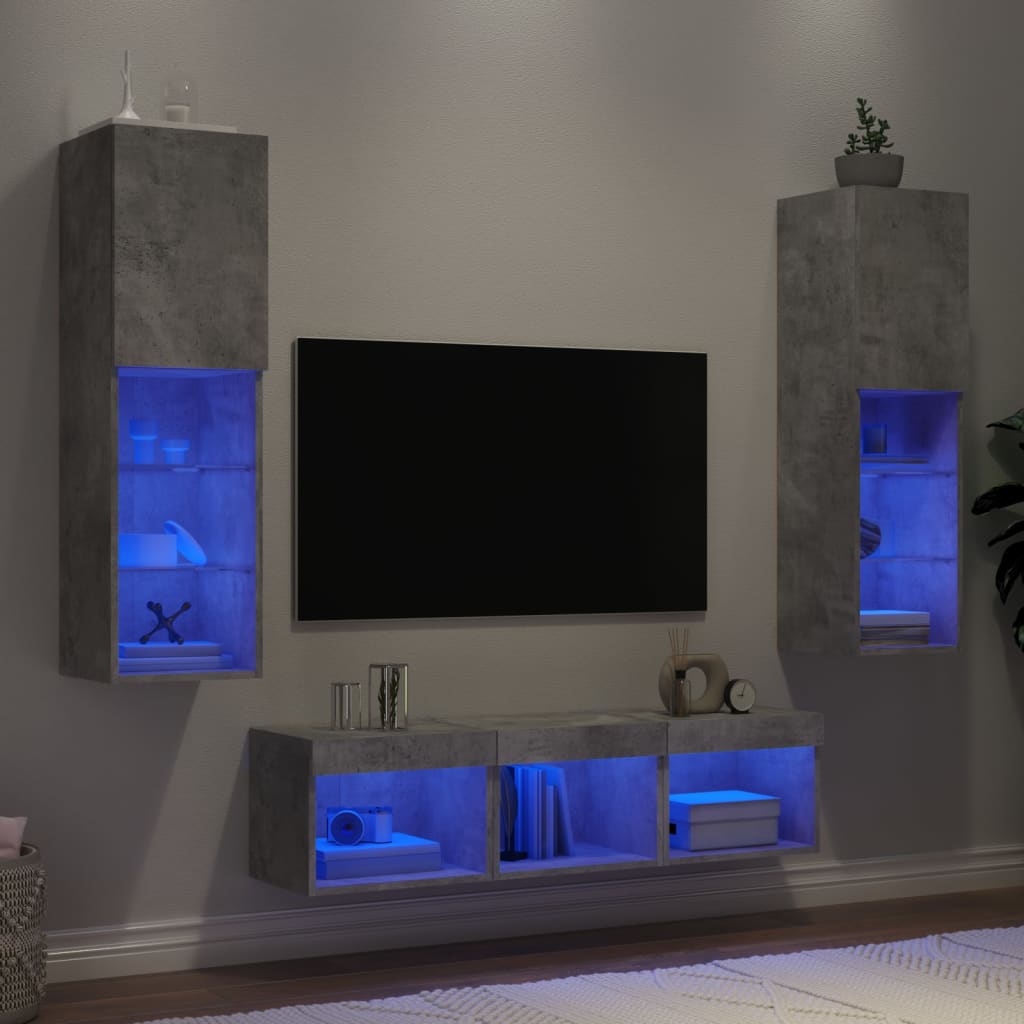 vidaXL tv-møbel til væg 5 dele med LED-lys konstrueret træ betongrå