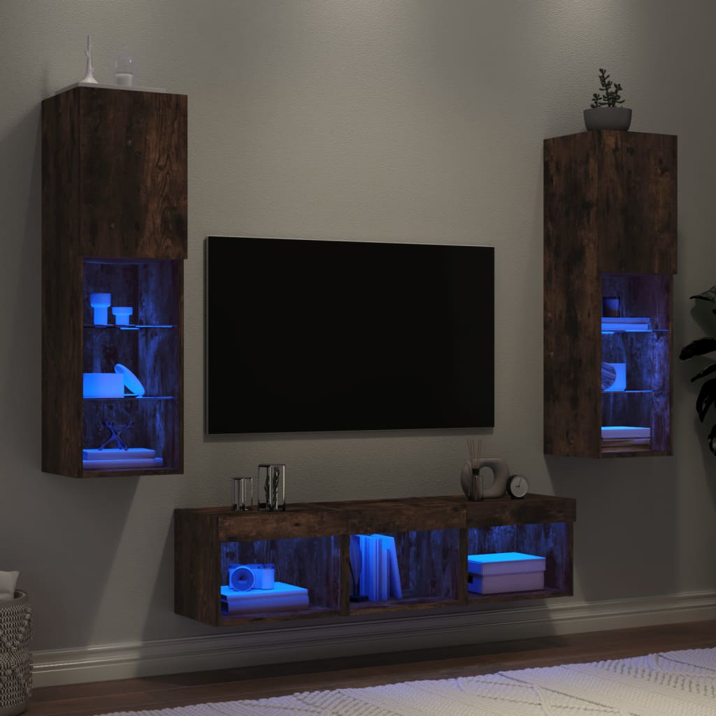 5dílná obývací stěna s LED kouřový dub kompozitní dřevo