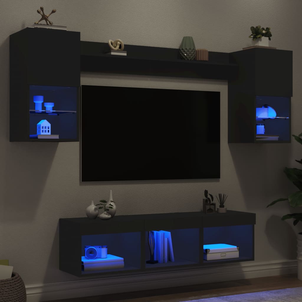vidaXL Unități de perete TV cu LED-uri, 7 piese, negru, lemn prelucrat