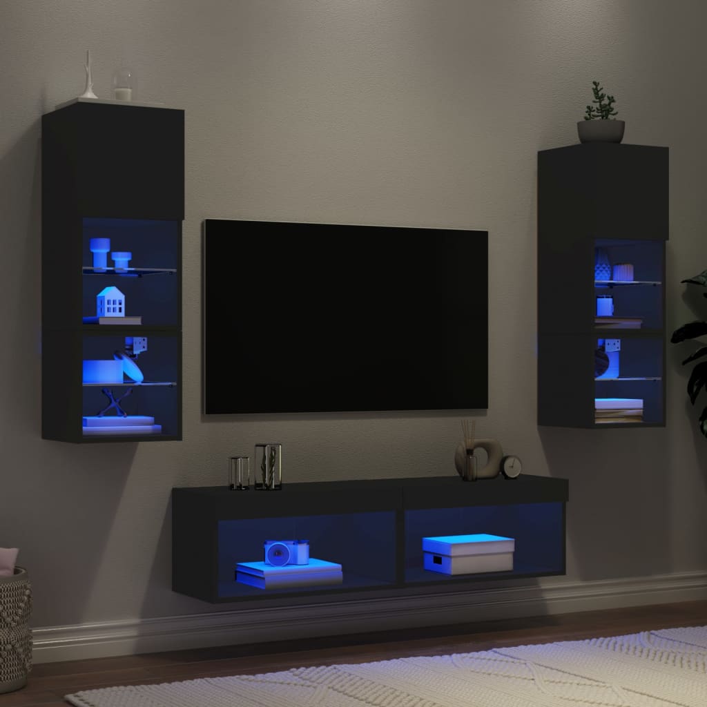 vidaXL Unități de perete TV cu LED-uri, 6 piese, negru, lemn prelucrat