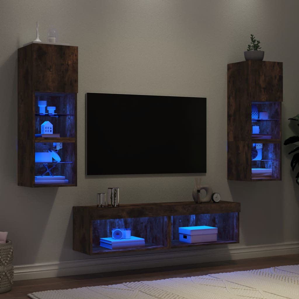 vidaXL tv-møbel til væg 6 dele med LED-lys konstrueret træ røget eg