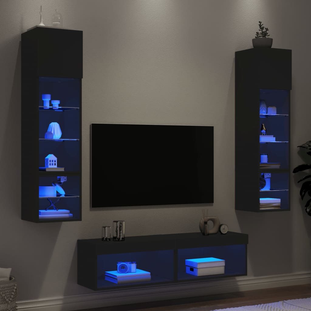 6dílná obývací stěna s LED osvětlením černá kompozitní dřevo