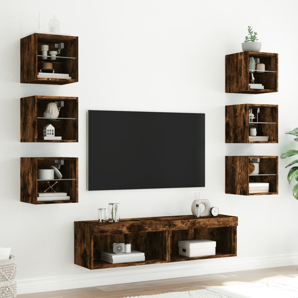 vidaXL 8-delige tv-wandmeubelset met LED bewerkt hout gerookt eiken