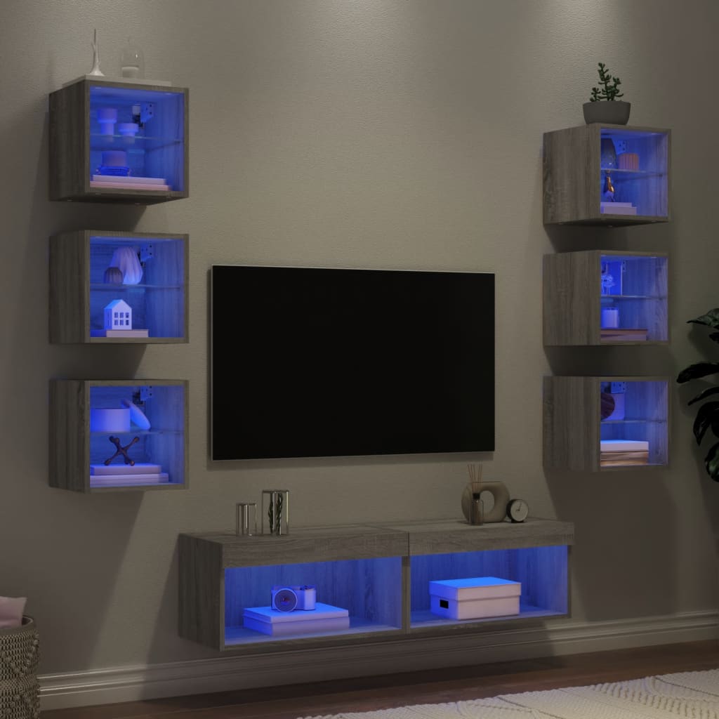 vidaXL Unități de perete TV cu LED-uri, 8 piese, gri sonoma, lemn