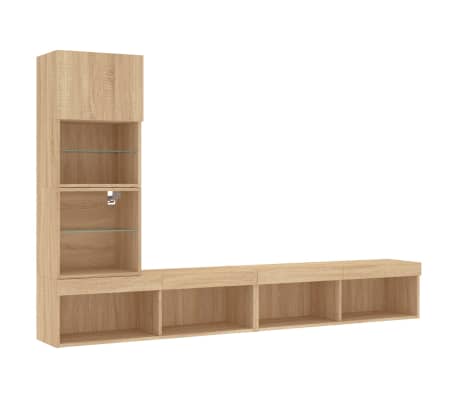 vidaXL tv-m&oslash;bel til v&aelig;g 4 dele med LED-lys konstrueret tr&aelig; sonoma-eg