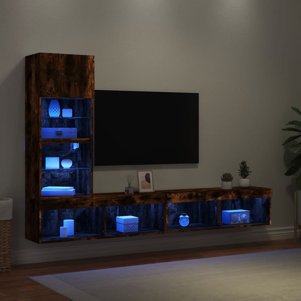 vidaXL Unități de perete TV cu LED-uri, 4 piese, stejar fumuriu, lemn