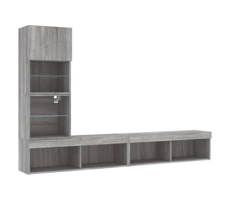 vidaXL Unități de perete TV cu LED-uri, 4 piese, gri sonoma, lemn