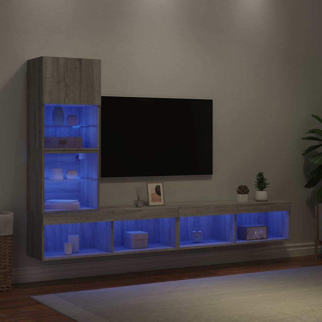 vidaXL Unități de perete TV cu LED-uri, 4 piese, gri sonoma, lemn