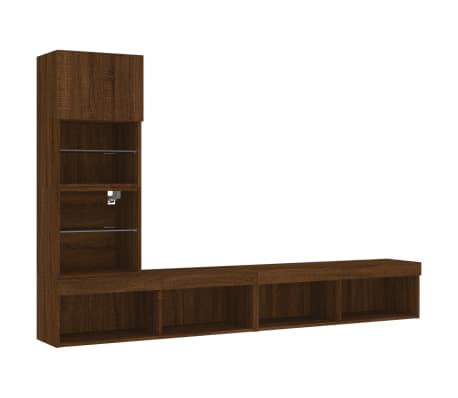 vidaXL Muebles TV pared con LED 4 pzas madera ingenier&iacute;a marr&oacute;n roble