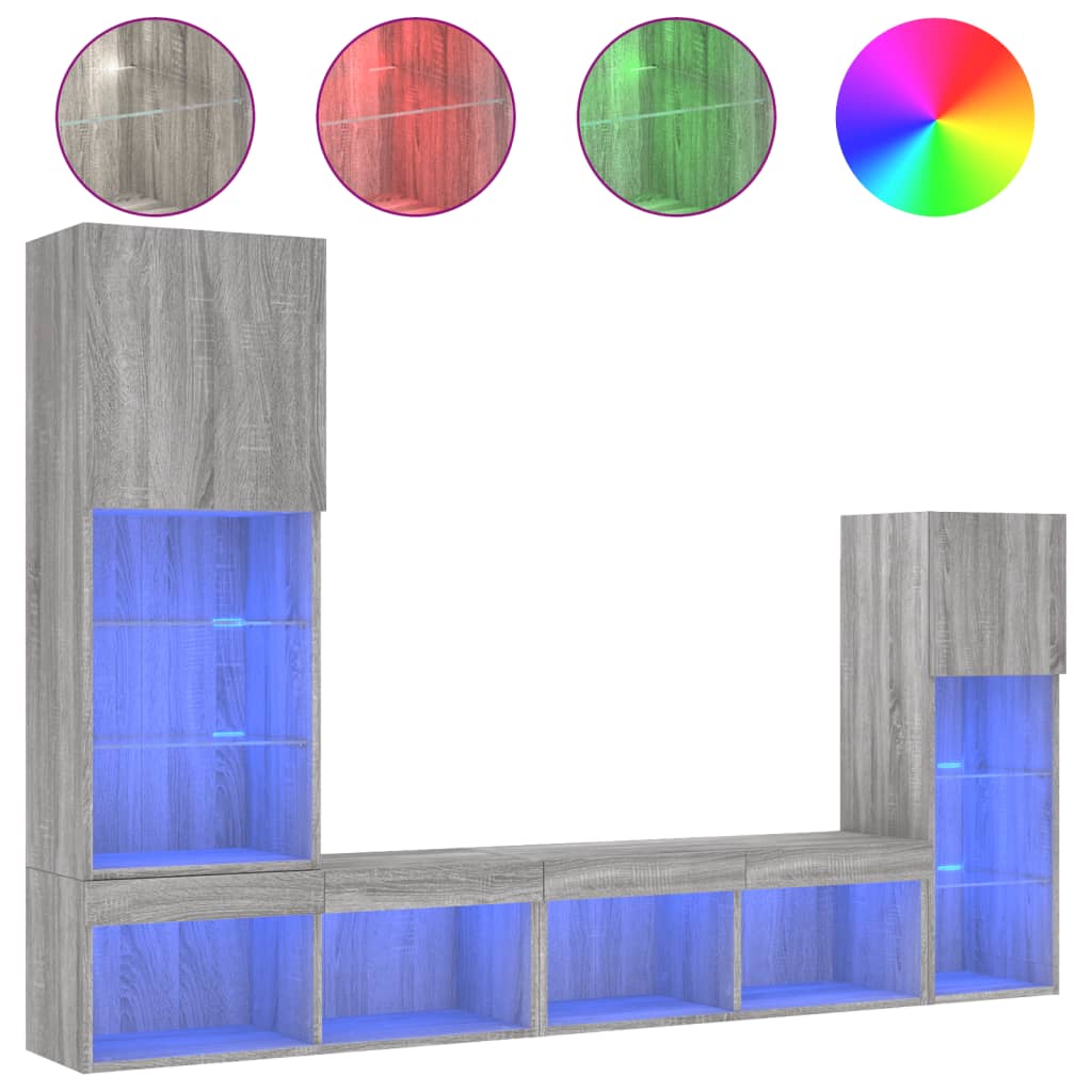 vidaXL 4-dielne TV nástenné skrinky s LED sivé sonoma kompozitné drevo