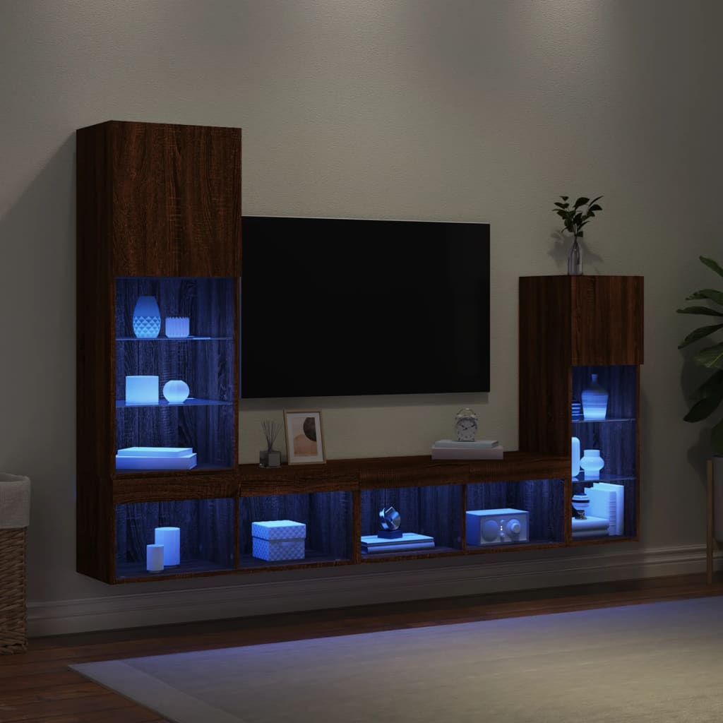 vidaXL Unități de perete TV cu LED-uri, 4 piese, stejar maro, lemn