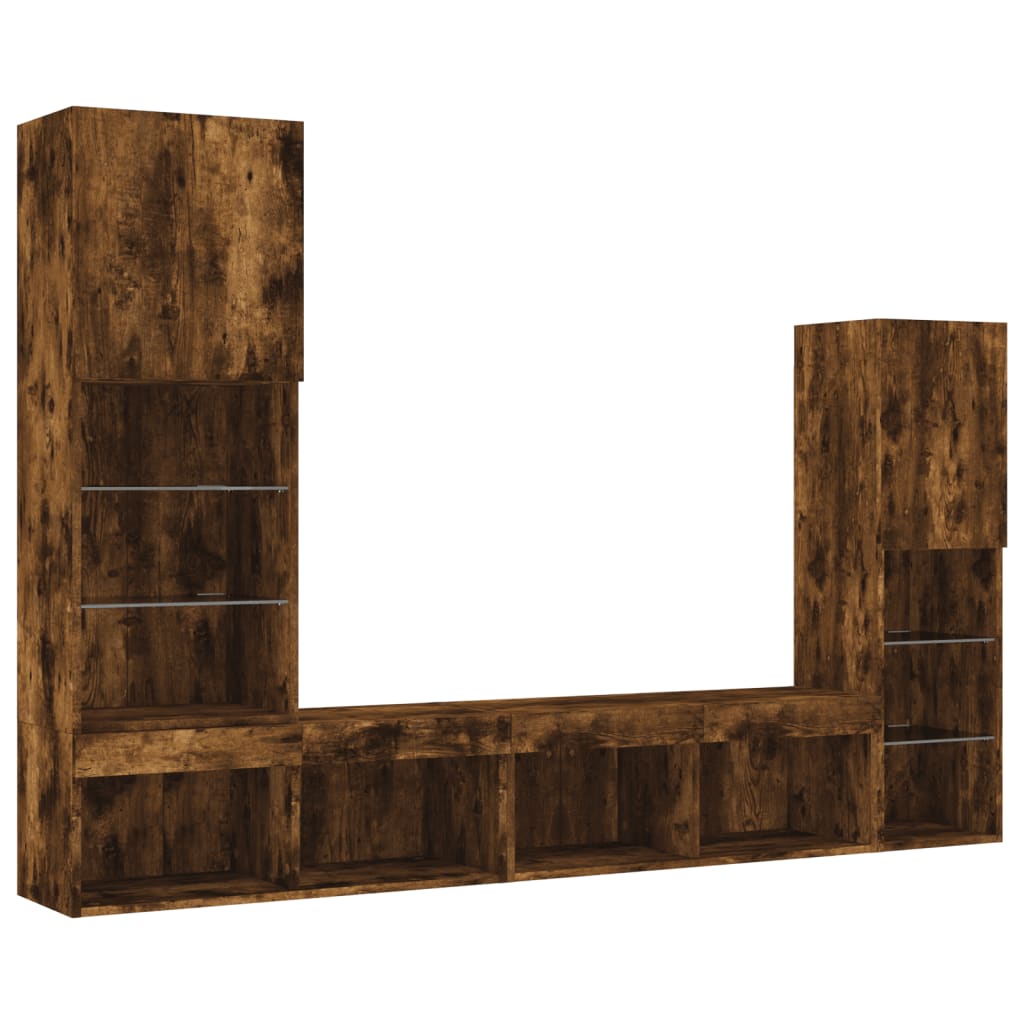 vidaXL 8-delige tv-wandmeubelset met LED bewerkt hout gerookt eiken