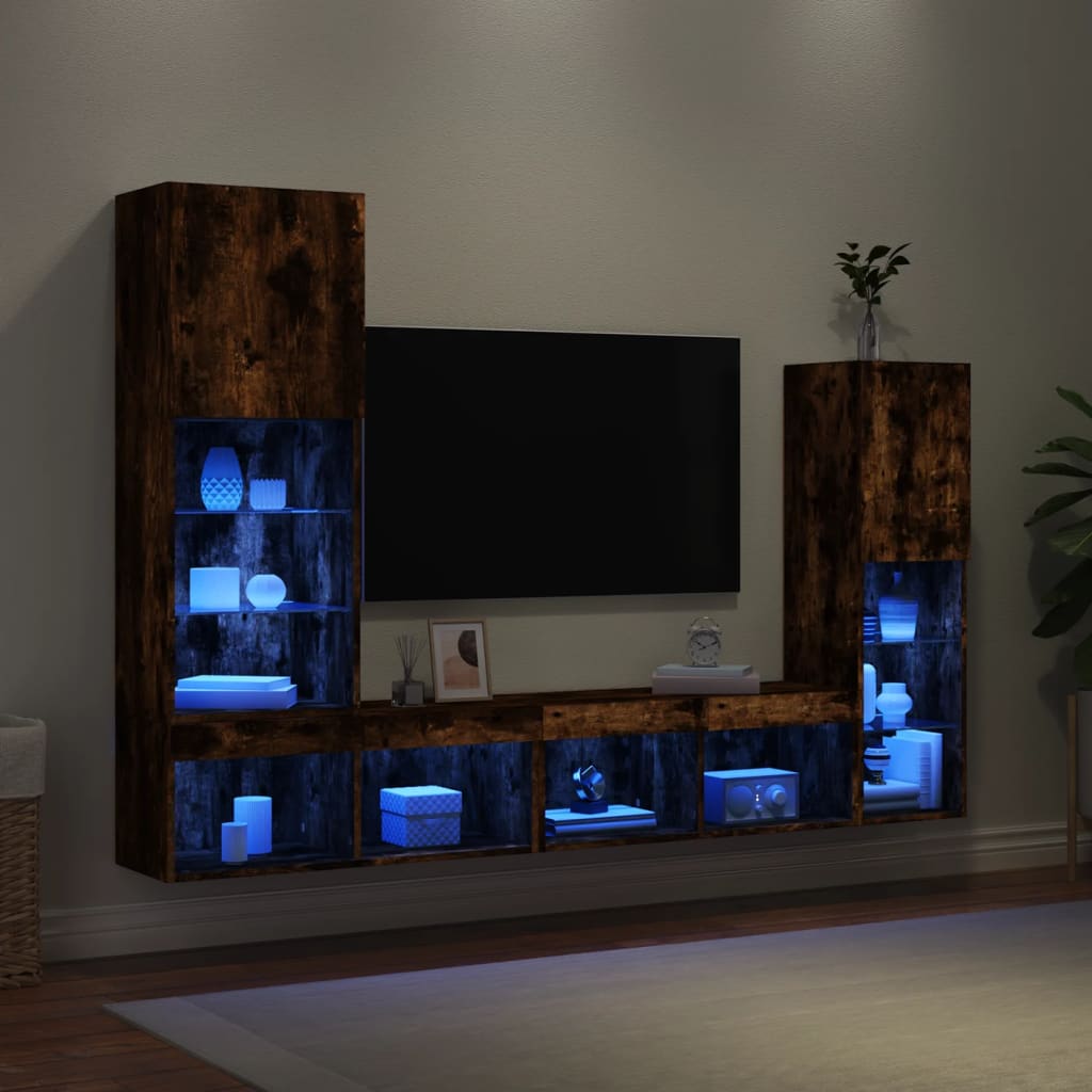 vidaXL 4-tlg. Wohnwand mit LED-Beleuchtung Räuchereiche Holzwerkstoff
