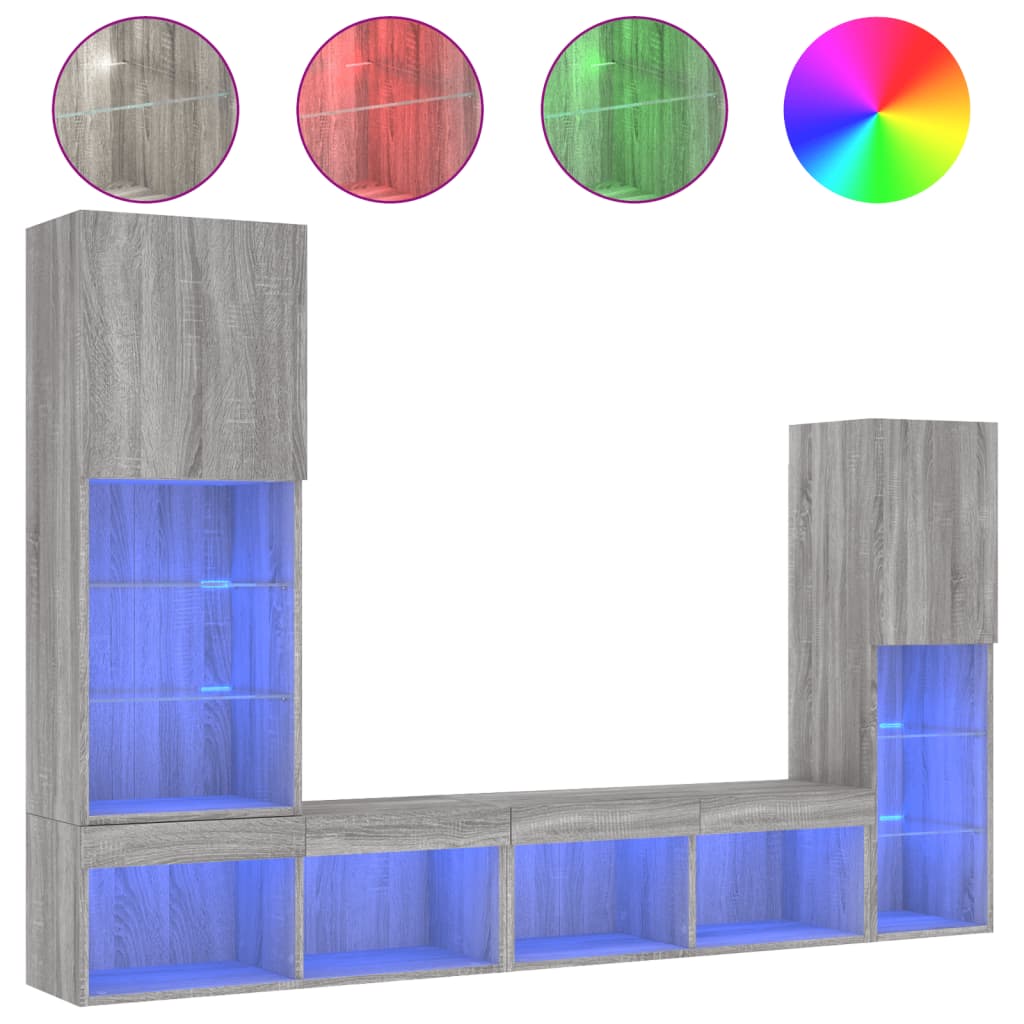 vidaXL 4-dielne TV nástenné skrinky s LED sivé sonoma kompozitné drevo