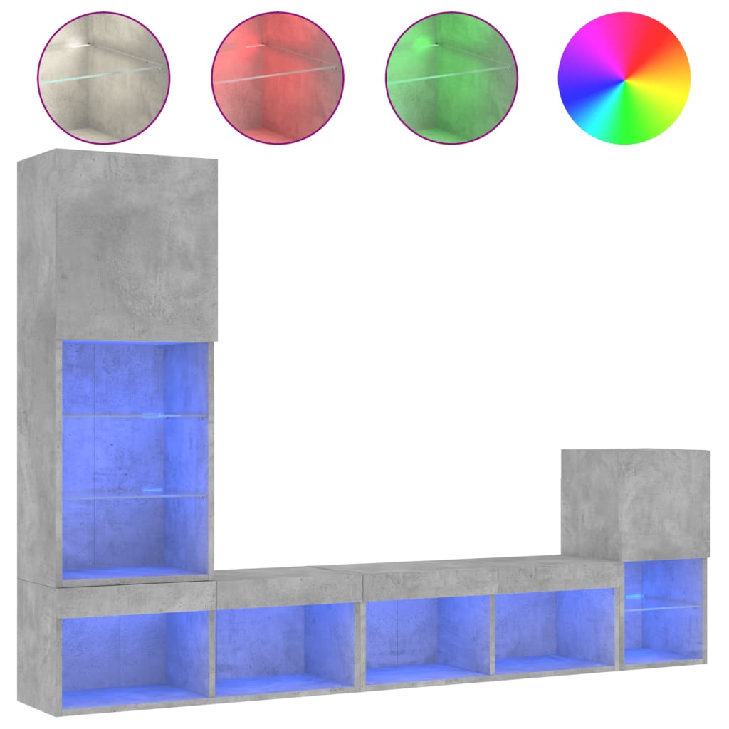 vidaXL 4-dielne TV nástenné skrinky s LED betónovo sivé kompozit.drevo