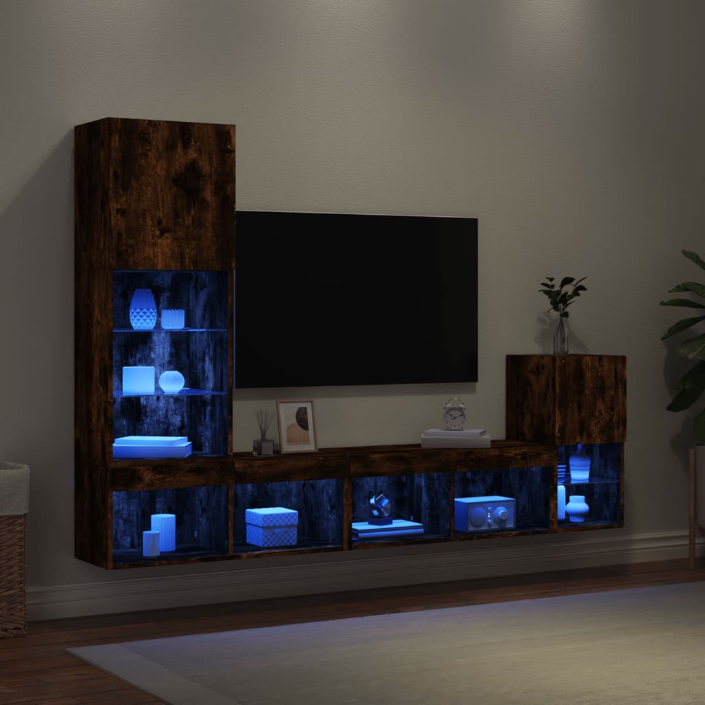 vidaXL Unități de perete TV cu LED-uri, 4 piese, stejar fumuriu, lemn